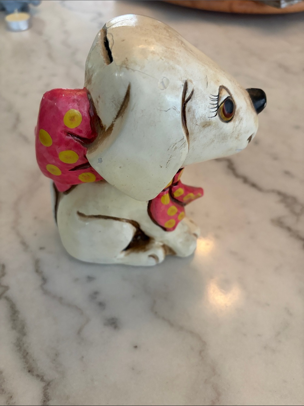 Vintage Ceramic Dog Bank with Pink Polka-Dot Bow